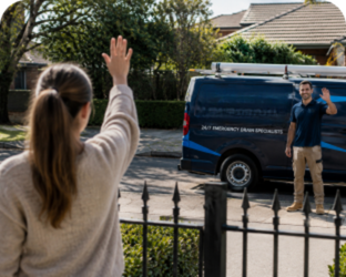 Customer waving goodbye to a Yarrawarrah Blocked Drains plumber